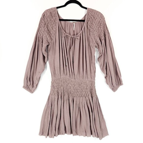 Free People Blouson Mini Dress Size XS Boho Tunic Balloon Sleeve Raw Hem Crinkle - Picture 1 of 13